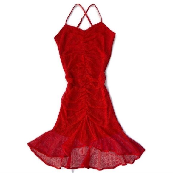 Red Ruched Appliquéd Strappy Vneck Dress with Criss Cross Back - Picture 2 of 11
